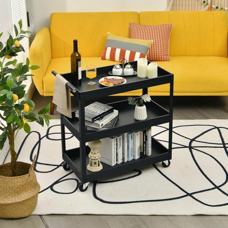 FaFurn Serving Utility Cart with 2 Bottom Shelves - Black, Steel