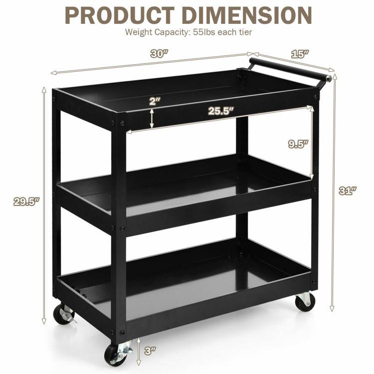 FaFurn Serving Utility Cart with 2 Bottom Shelves - Black, Steel