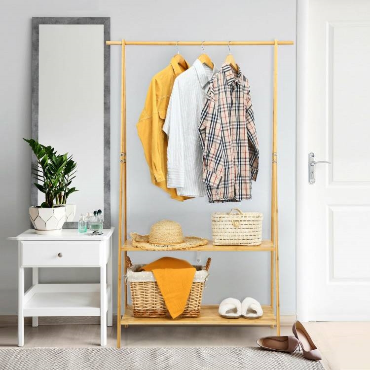 FaFurn™ Garment Rack Clothes with 2 Bottom Storage Shelves - Yellow, Iron