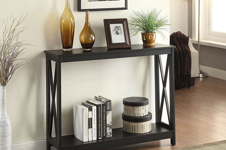 FaFurn Wood Console Sofa Table with Bottom Storage Shelf - Black