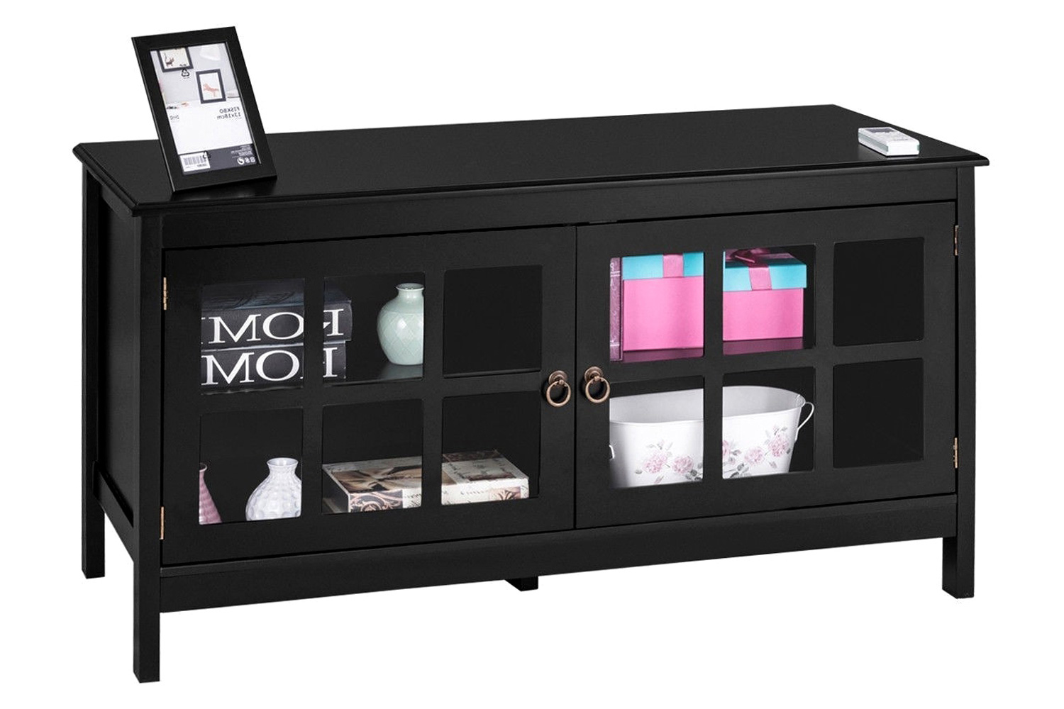 FaFurn - Black Wood TV Stand with Glass Panel Doors For Up To 50-Inch Tv