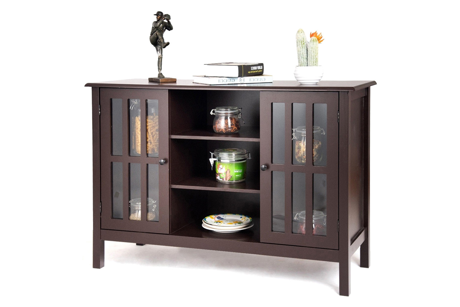 FaFurn Wood 43-Inch TV Stand with Glass Panel Doors - Brown