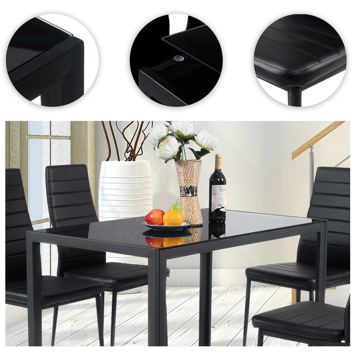 FaFurn - 5-Piece Dining Set with with Soft Leather Chairs in Black