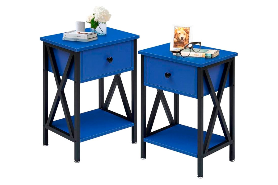 FaFurn™ Set of 2 End Table with 1 Drawer - Dark Blue/Black, Metal/MDF