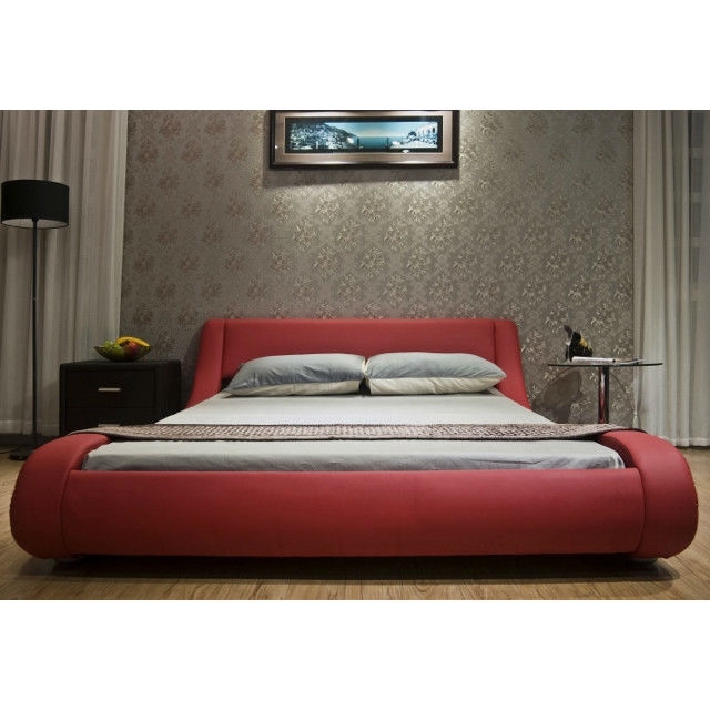 FaFurn - Cal/King Size Platform Bed Frame with Modern Curved Headboard in Red, Leather