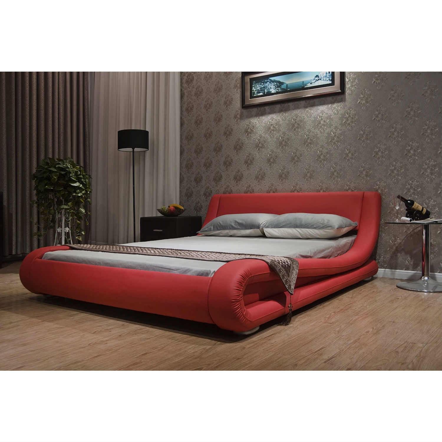 FaFurn - Cal/King Size Platform Bed Frame with Modern Curved Headboard in Red, Leather