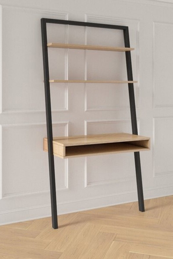 FaFurn - Farmhouse Rustic Oak Black Leaning Ladder Writing Desk 2 Shelves