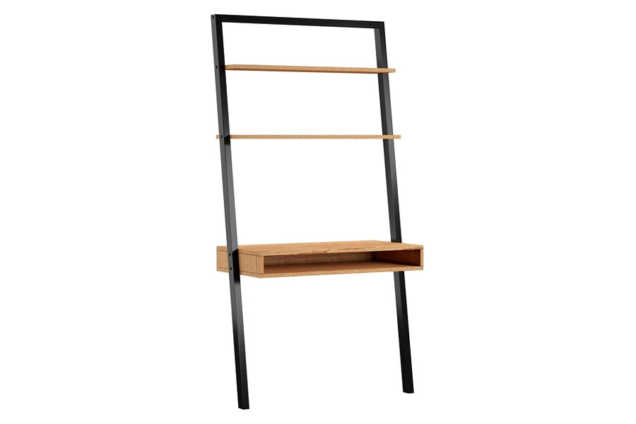 FaFurn - Farmhouse Rustic Oak Black Leaning Ladder Writing Desk 2 Shelves