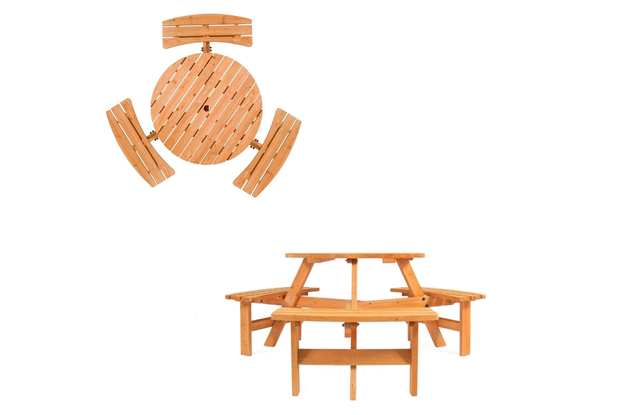 FaFurn - Outdoor Round Wood Picnic Table Bench Set with Umbrella Hole Seats 6