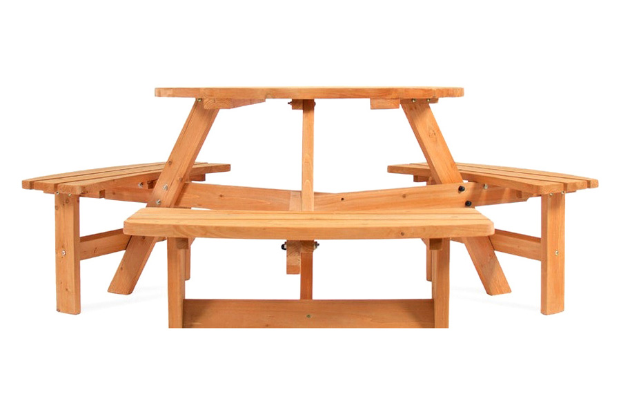 FaFurn - Outdoor Round Wood Picnic Table Bench Set with Umbrella Hole Seats 6