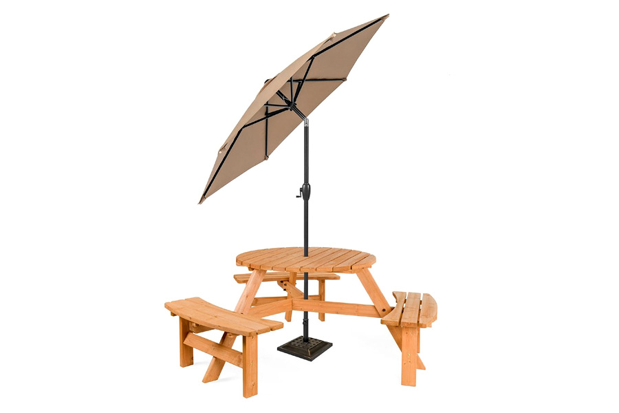 FaFurn - Outdoor Round Wood Picnic Table Bench Set with Umbrella Hole Seats 6