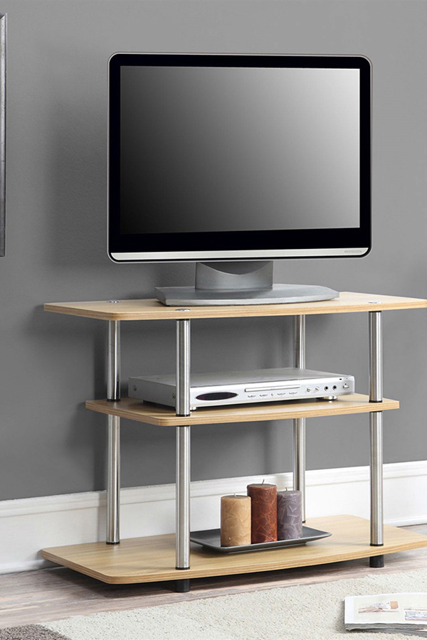 FaFurn - Modern TV Stand Wood Finish with Sturdy Stainless Steel Poles