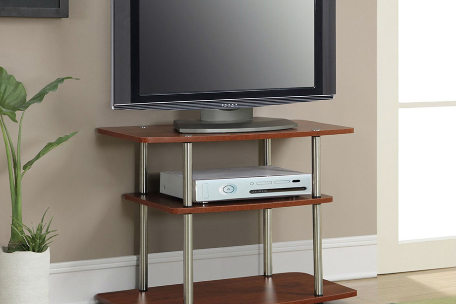 FaFurn Modern TV Stand Wood Finish with Sturdy Stainless Steel Poles - Cherry Brown