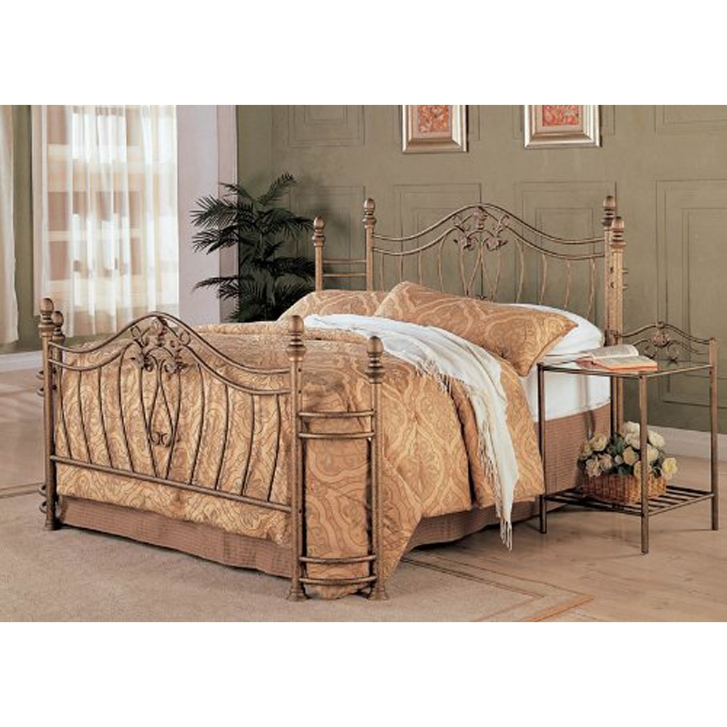 FaFurn - Queen Size Bed Base with Headboard and Footboard in Antique Gold, Metal