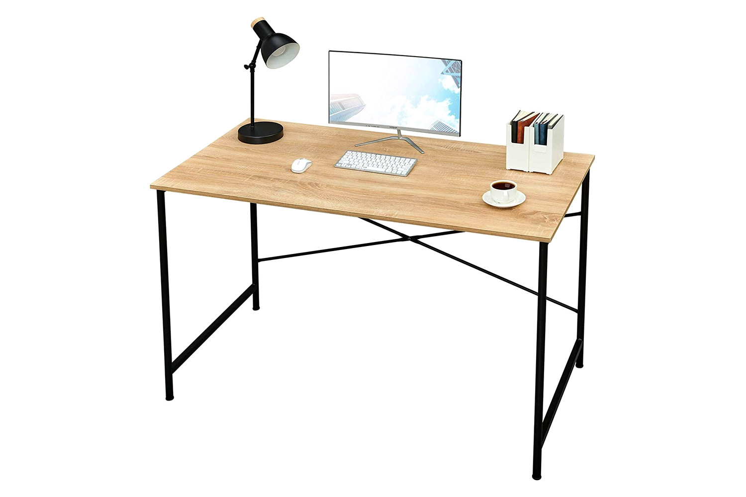 FaFurn - Modern Home Office Computer Desk Table with Black Metal Frame Wood Top in Oak