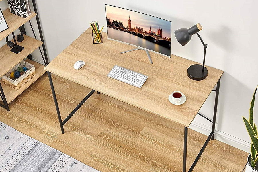 FaFurn - Modern Home Office Computer Desk Table with Black Metal Frame Wood Top in Oak