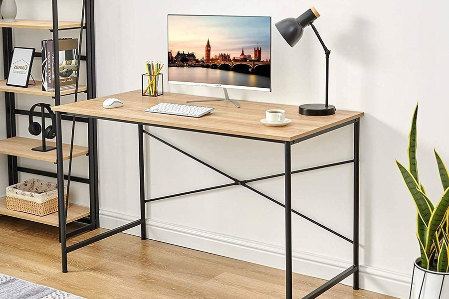 FaFurn - Modern Home Office Computer Desk Table with Black Metal Frame Wood Top in Oak