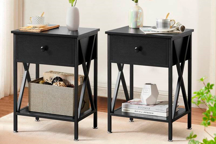 FaFurn™ Set of 2 Rustic End Table with X-Shaped Sides - Black, Metal/MDF