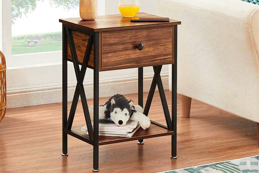 FaFurn™ Set of 2 Rustic End Table with 1 Drawer - Brown/Black, Metal/MDF