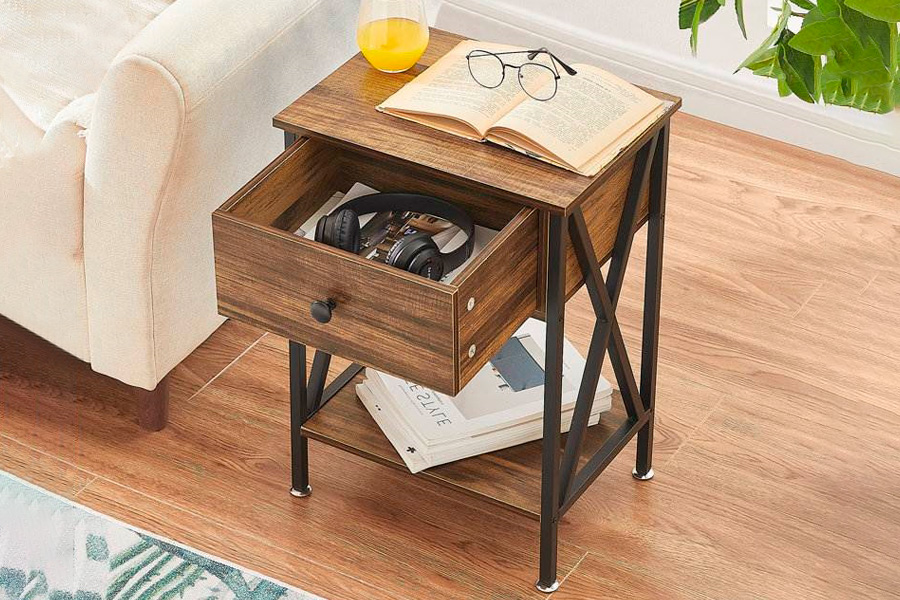 FaFurn™ Set of 2 Rustic End Table with 1 Drawer - Brown/Black, Metal/MDF