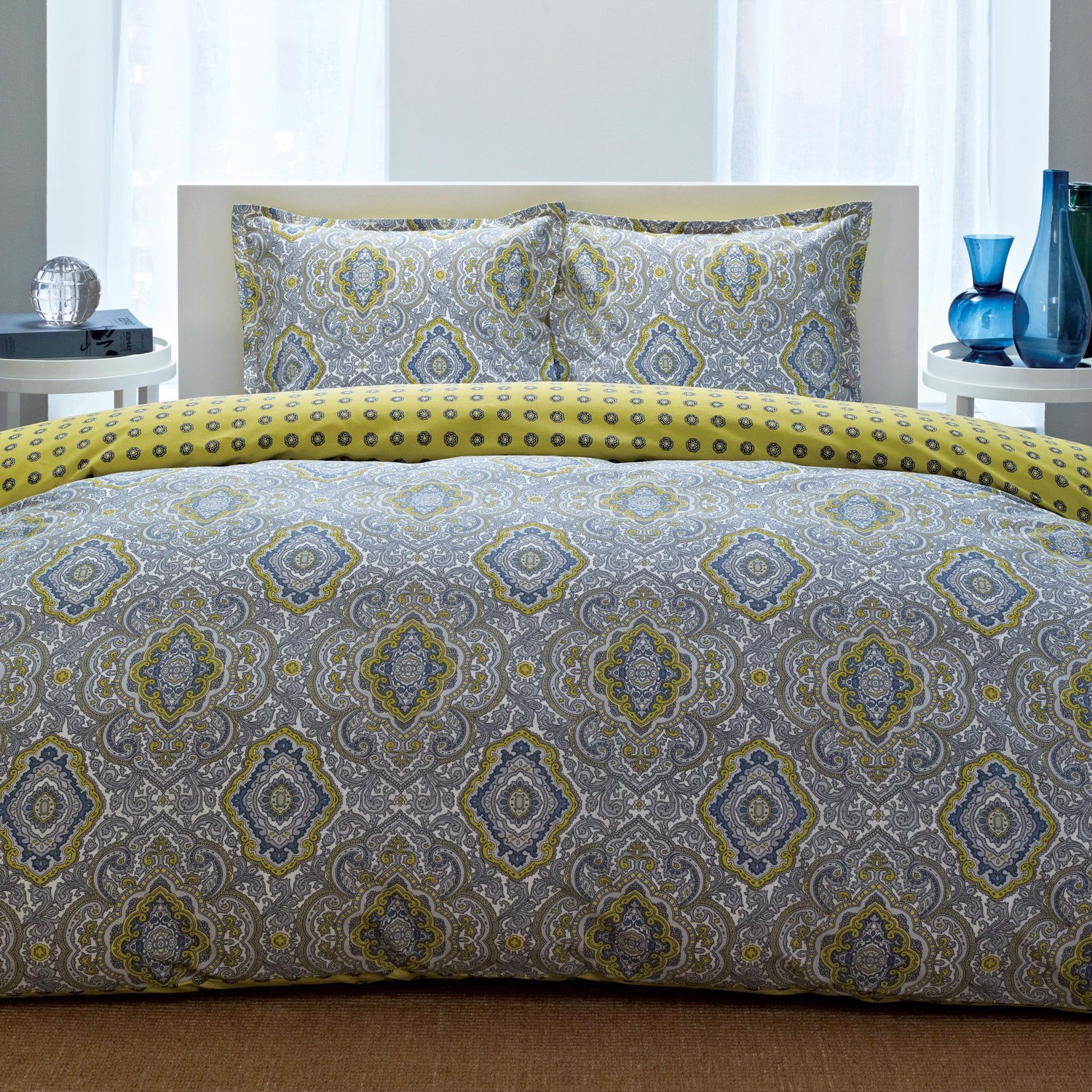 FaFurn - Comforter Set with Blue Yellow Damask Pattern