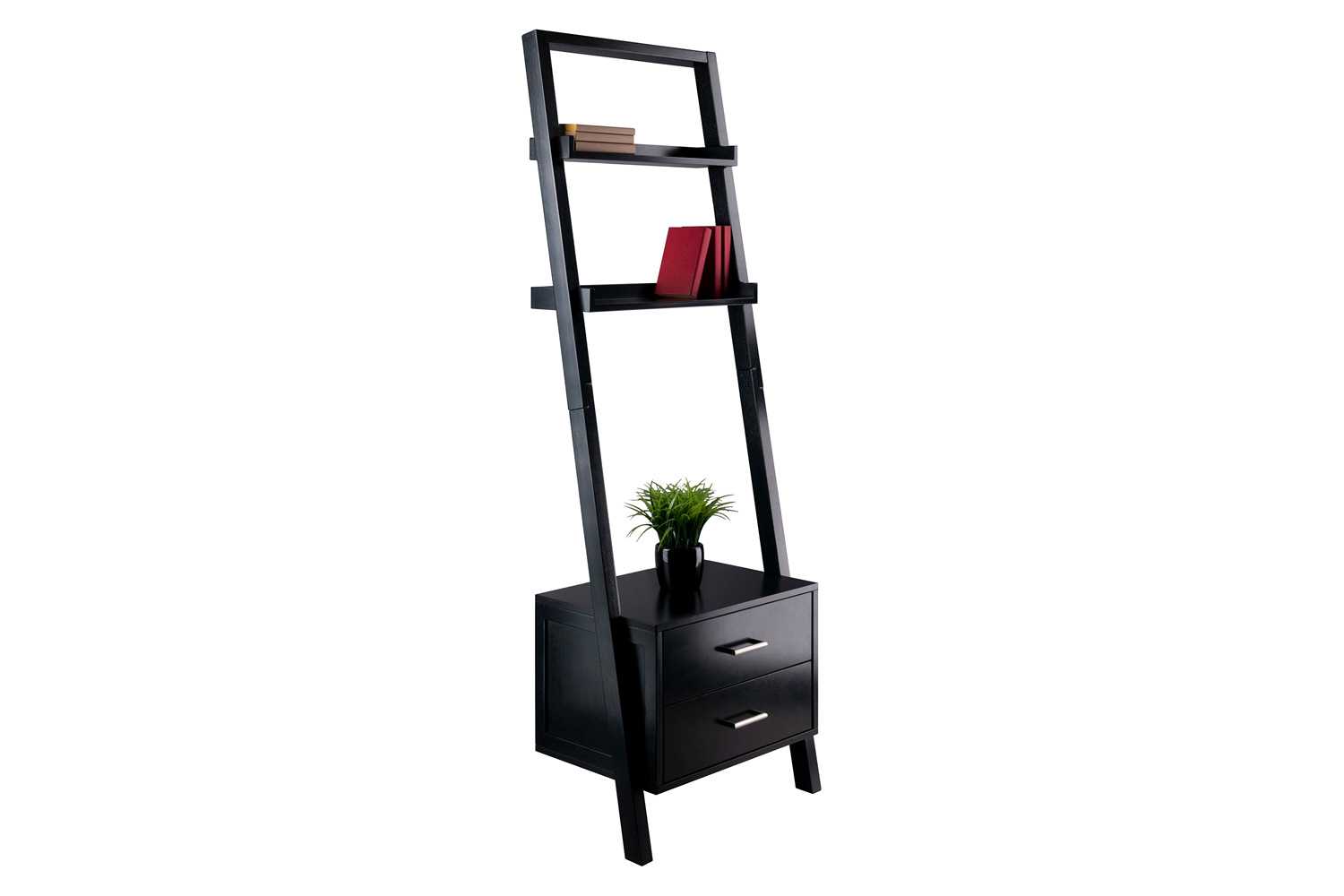 FaFurn - Modern Black 2 Drawer Entryway Shelf Leaning Ladder Bookshelf Bookcase