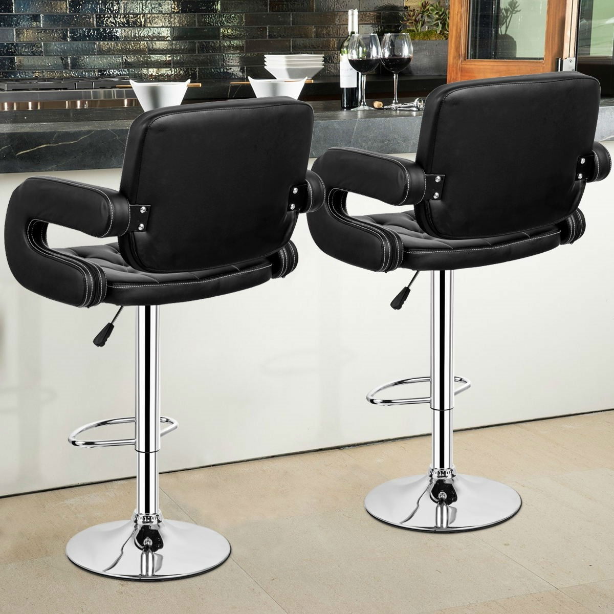 FaFurn - Set of 2 Adjustable Swivel Barstools Set in Black