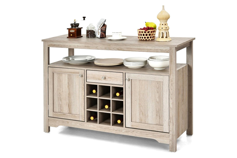 FaFurn - Gray Oak Buffet Server 9 Bottle Wine Cabinet Console