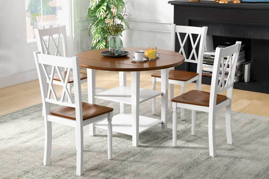 FaFurn - 5-Piece Round Dining Table Set with 4 Chairs in White Walnut, Wood