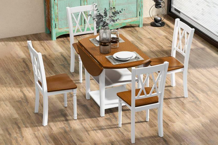 FaFurn - 5-Piece Round Dining Table Set with 4 Chairs in White Walnut, Wood