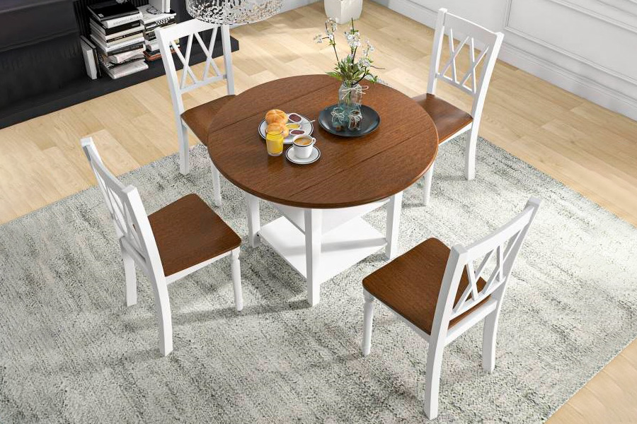 FaFurn - 5-Piece Round Dining Table Set with 4 Chairs in White Walnut, Wood