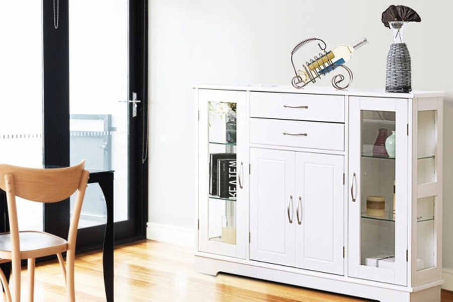 FaFurn Wood Buffet Sideboard Cabinet with Glass Display Doors - White