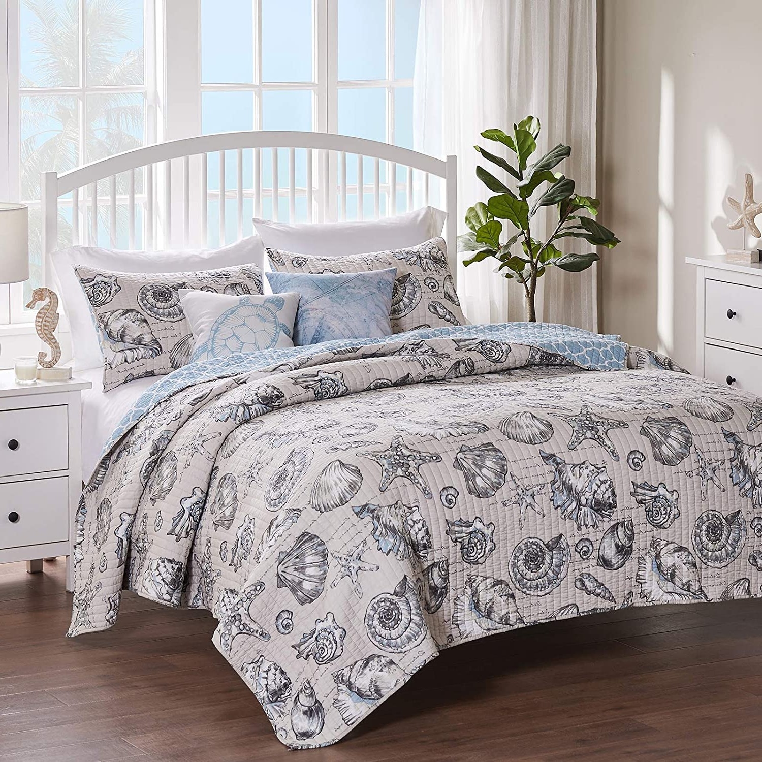 FaFurn - 3-Piece King/Cal Size Reversible Quilt Set in White/Blue, Microfiber