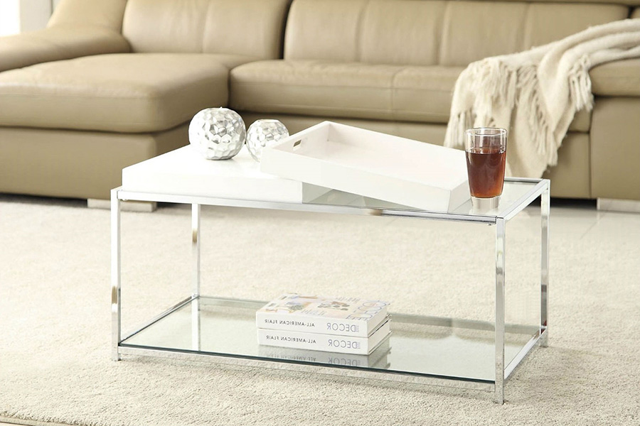 FaFurn Modern Chrome Metal Coffee Table with 2 White Removable Trays