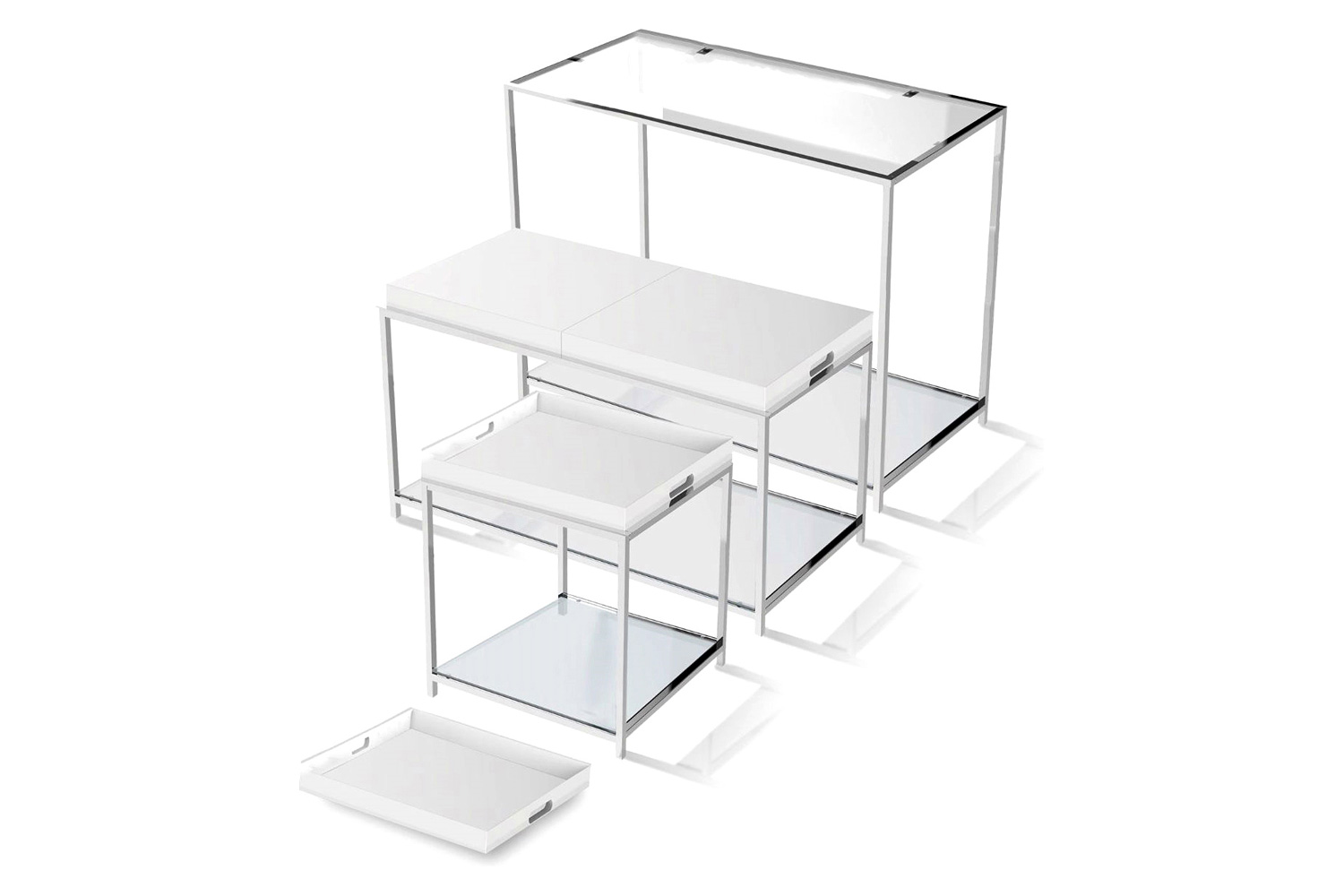 FaFurn Modern Chrome Metal Coffee Table with 2 White Removable Trays