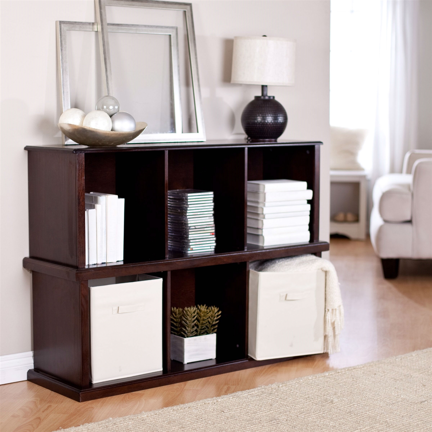 FaFurn - Modern 1-Shelf Bookcase with 3 Canvas Bins in Brown, Wood