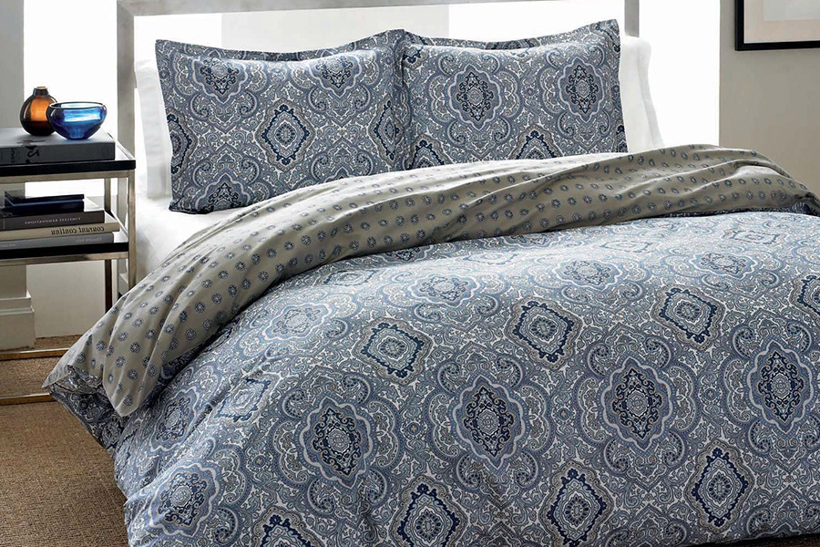 FaFurn - 3-Piece Cotton Comforter Set  with Gray Blue Damask Pattern