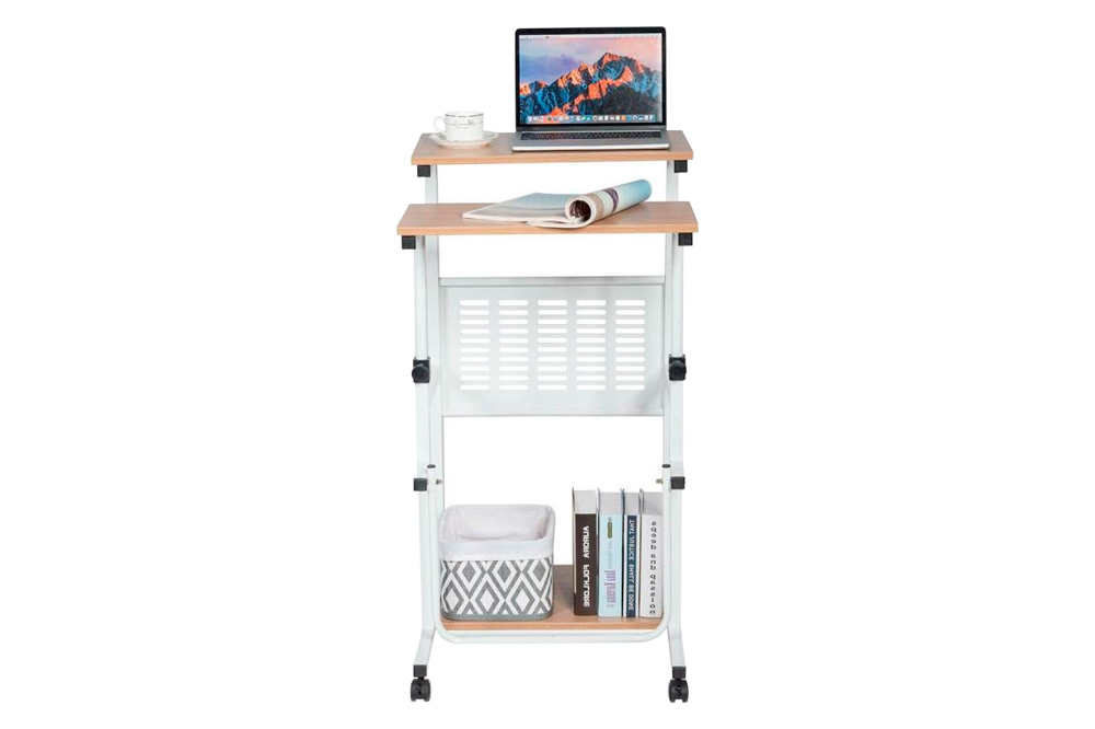 FaFurn - Multifunction Adjustable Mobile Computer Desk Work Station in White Oak, Metal/MDF