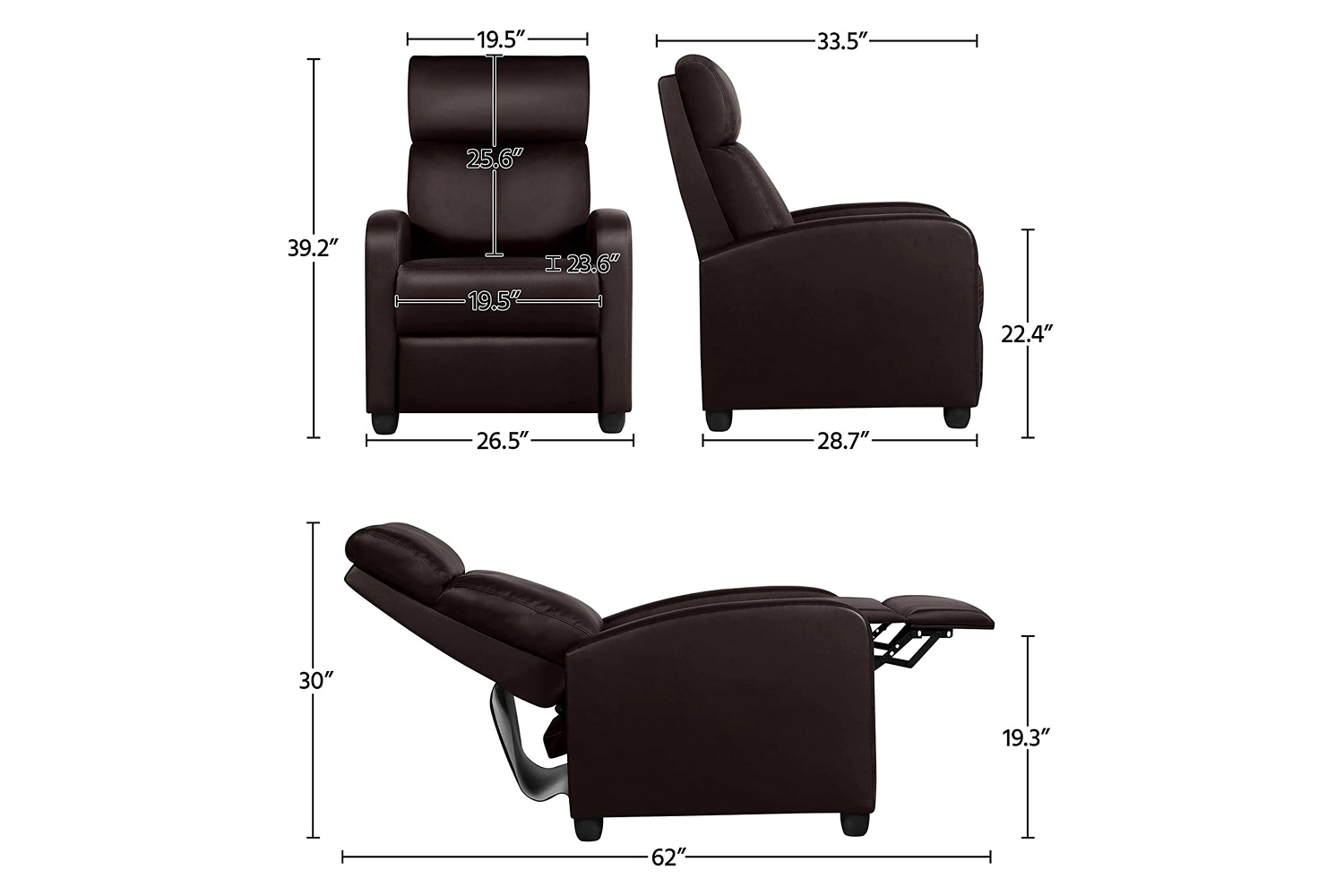 FaFurn High-Density Faux Leather Push Back Recliner Chair - Dark Brown