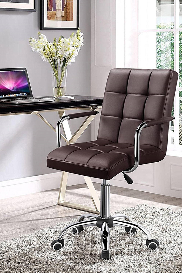 FaFurn Modern Faux Leather Mid-Back Office Chair with Armrests and Wheels - Dark Brown/Chrome