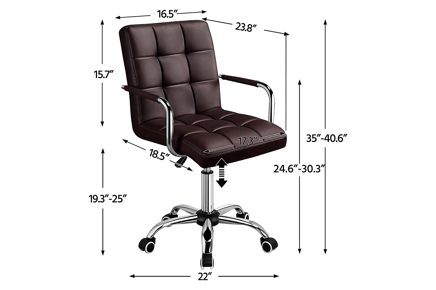 FaFurn Modern Faux Leather Mid-Back Office Chair with Armrests and Wheels - Dark Brown/Chrome