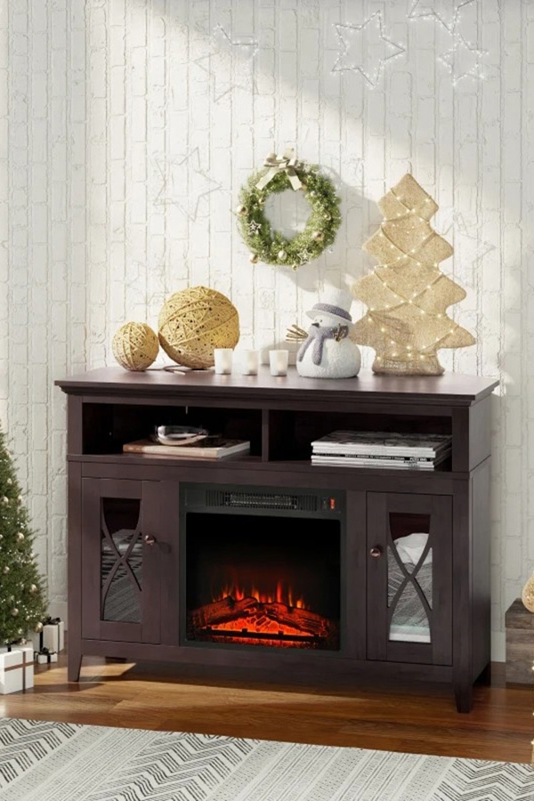 FaFurn Electric Fireplace Mantel TV Stand with Adjustable Shelves 2 Storage Cabinets - Espresso