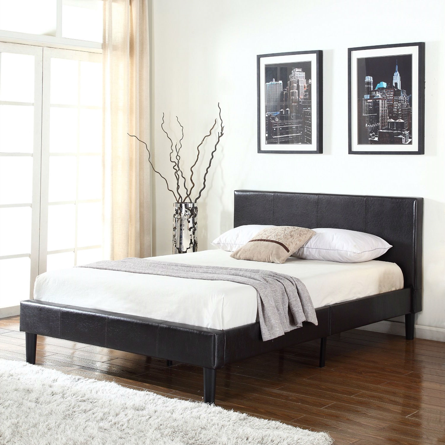 FaFurn - Queen Size Platform Bed Frame with Padded Headboard in Espresso, Leather