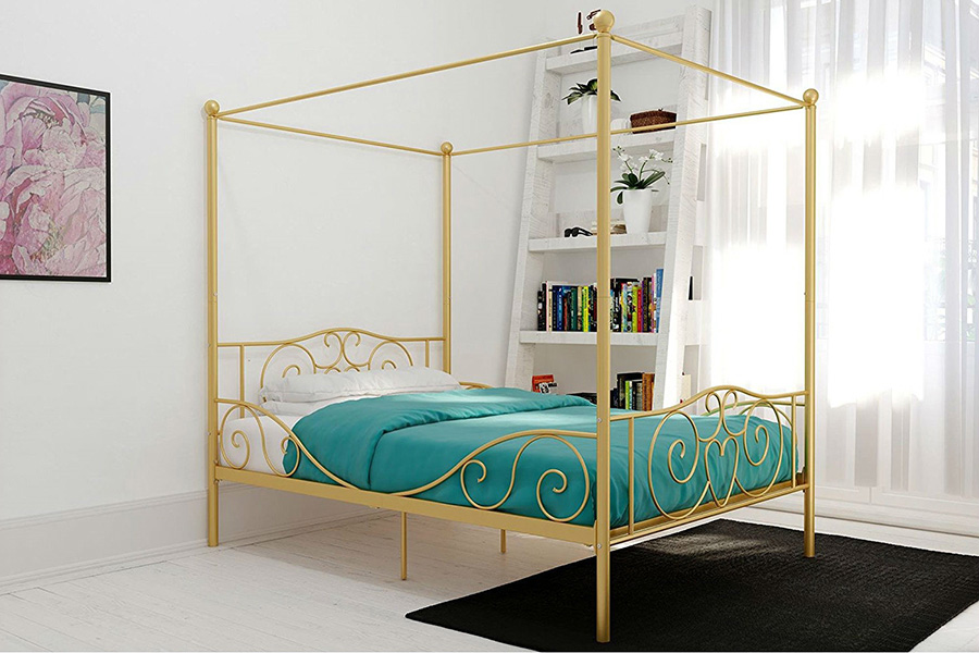 FaFurn - Full Size Heavy Duty Metal Canopy Bed Frame in Gold Finish