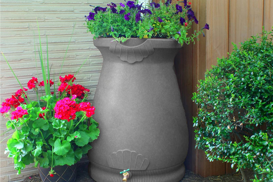 FaFurn 65 Gallon Plastic Urn Rain Barrel with Planter Top - Gray