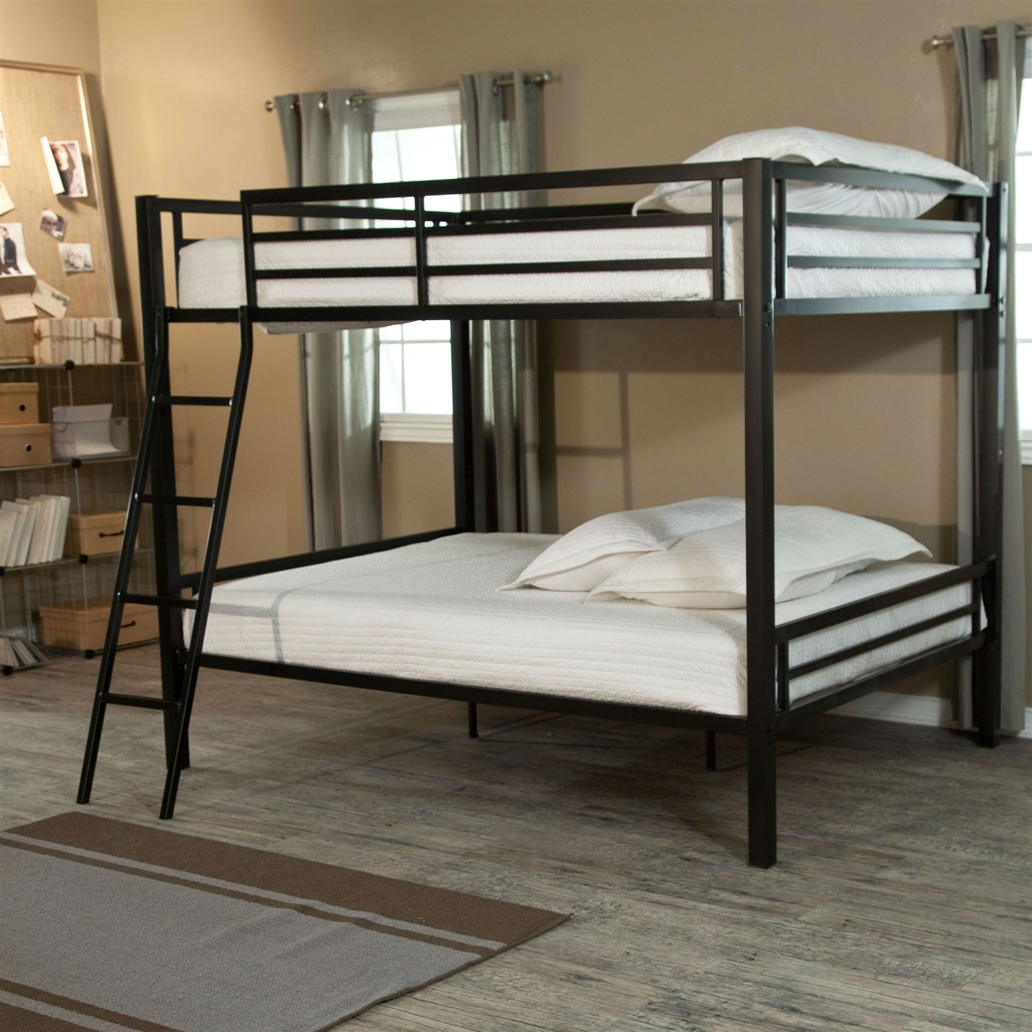 FaFurn Modern Full Size Bunk Bed with Ladder - Black, Metal