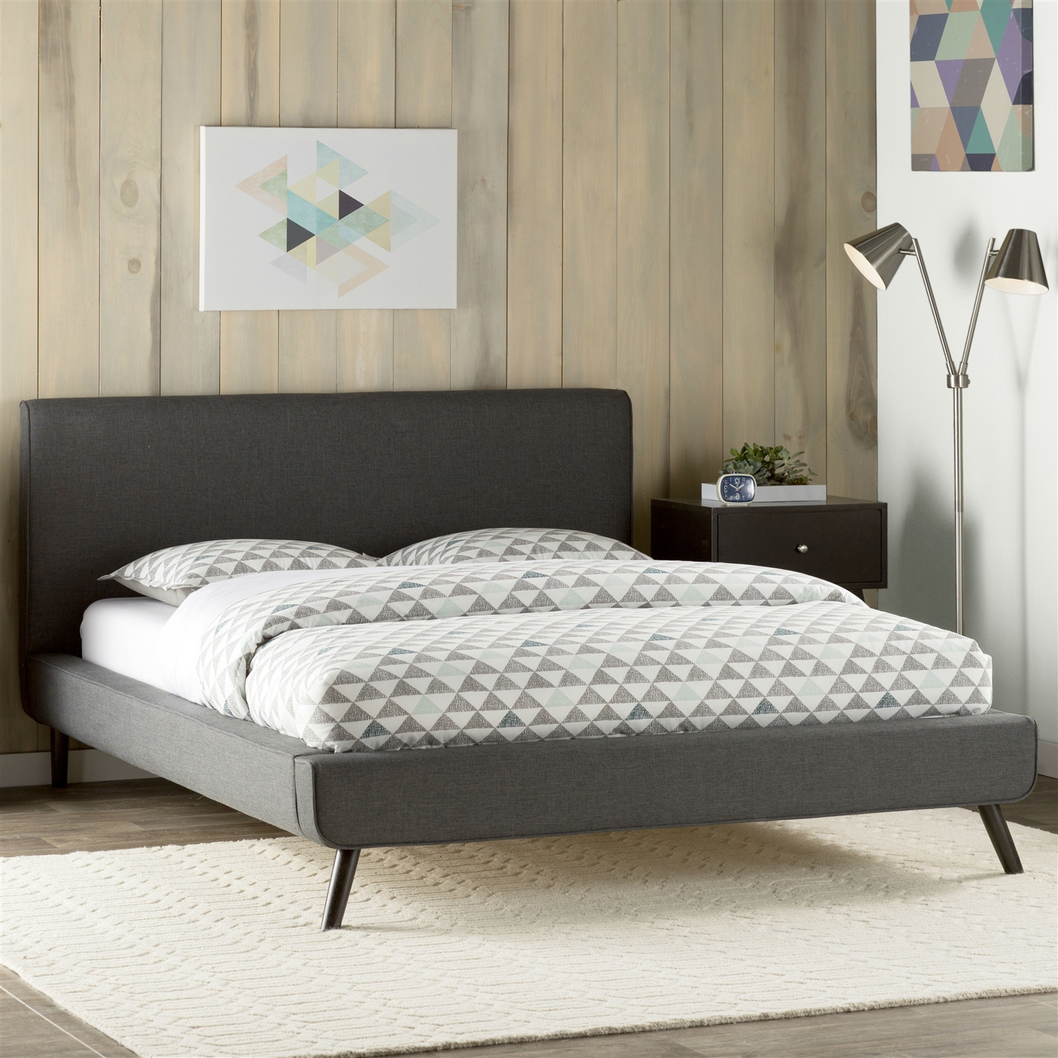 FaFurn - Full Size Platform Bed Frame with Gray Upholstered Headboard