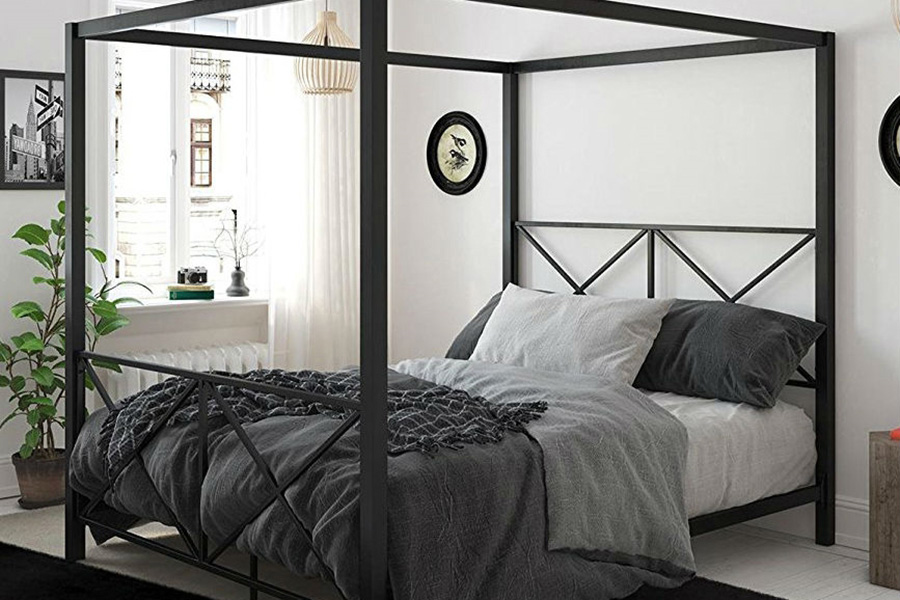 FaFurn - Queen Size Modern Black Metal Four-Poster Canopy Bed Frame