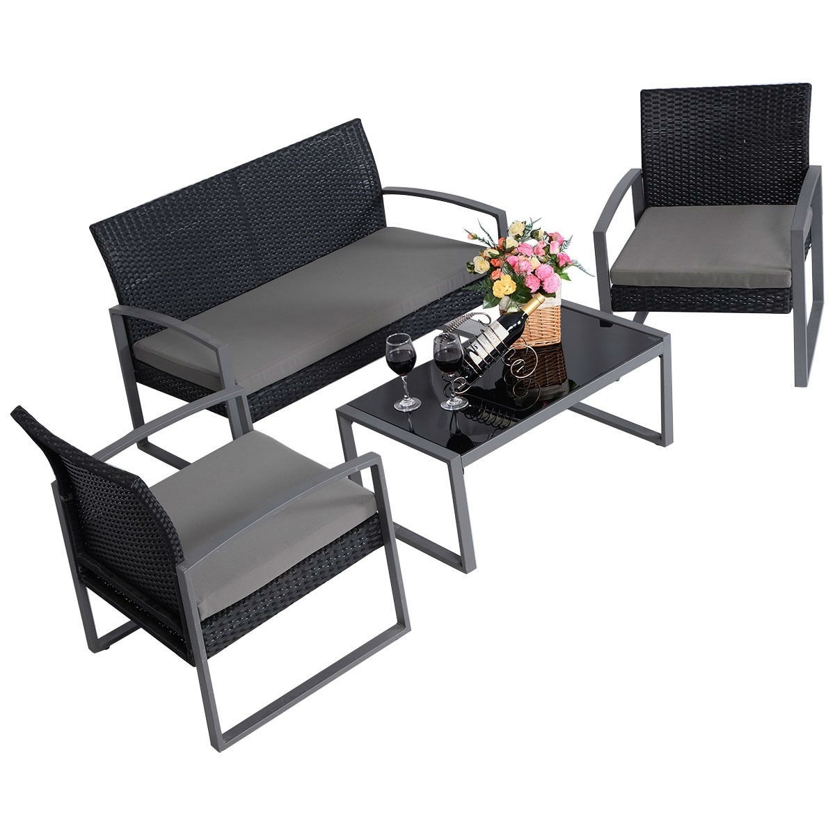 FaFurn - 4-Piece Patio Set with Matching Table in Black/Gray, Rattan