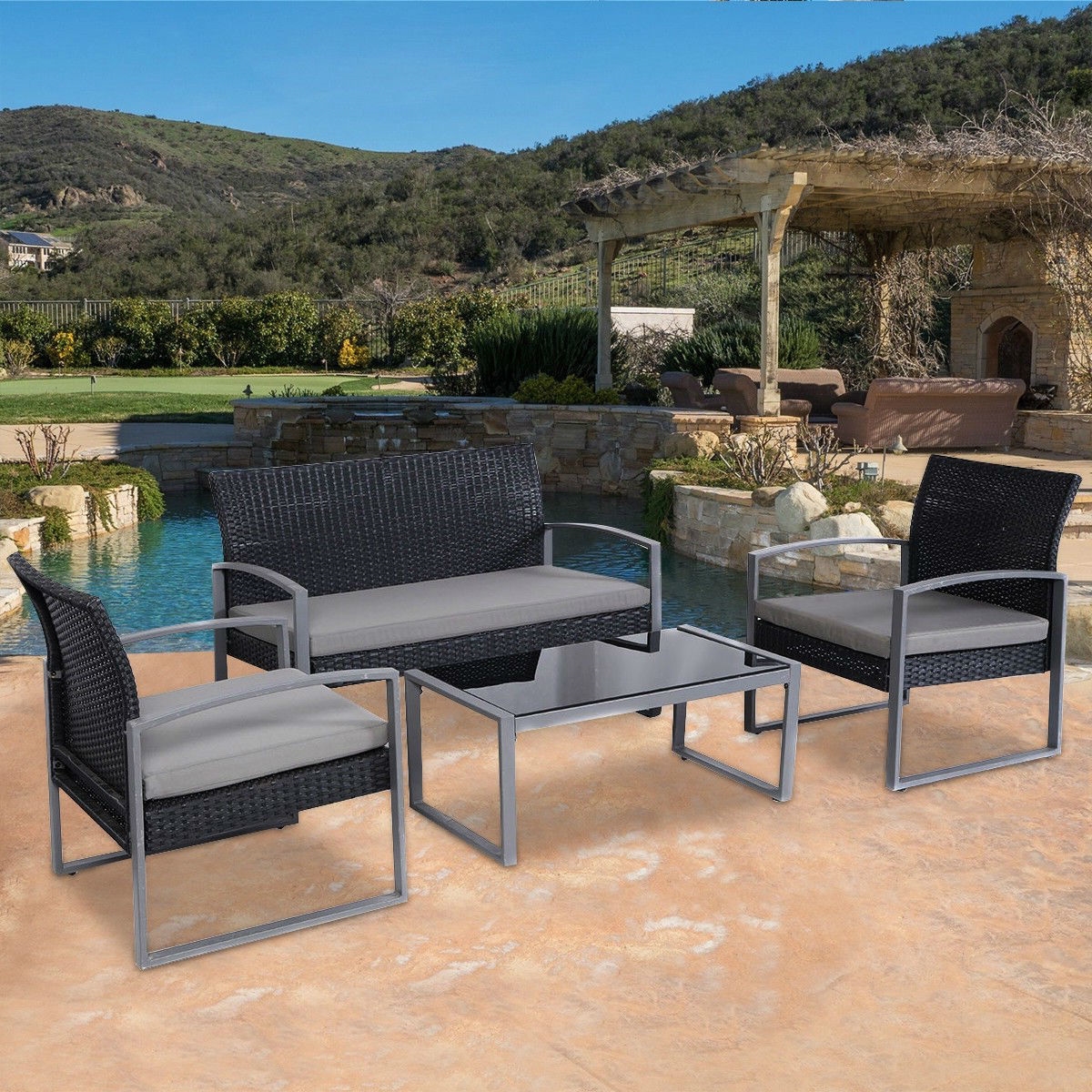 FaFurn - 4-Piece Patio Set with Matching Table in Black/Gray, Rattan